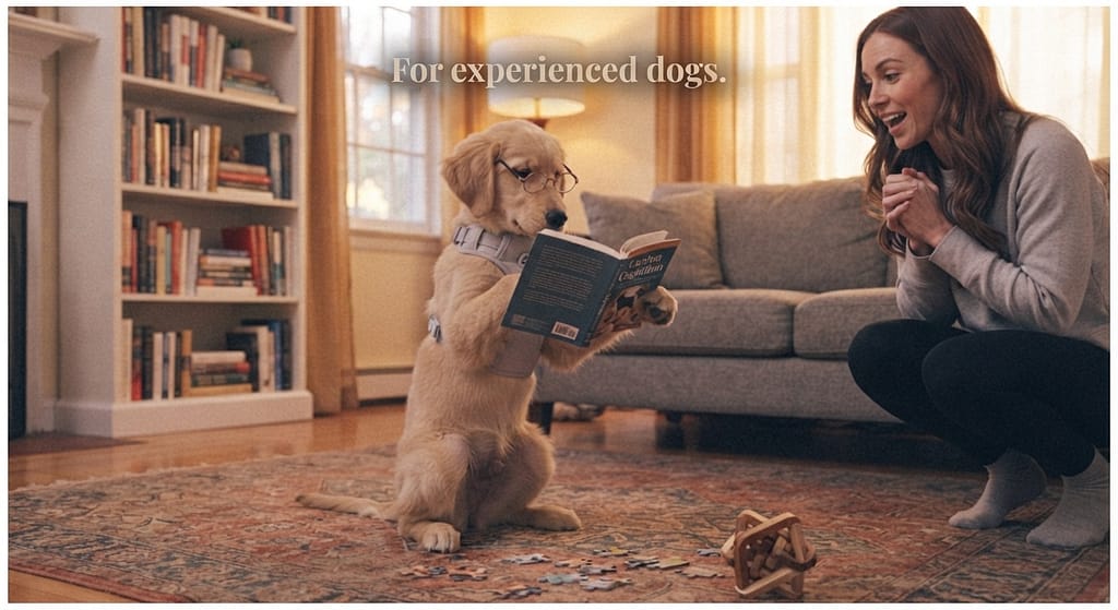Advanced games hero photo Dog doing complex trick, owner proud. Text: "For experienced dogs."