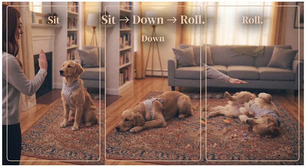 Complex chain photo Dog doing sequence of tricks. Text: "Sit → Down → Roll."
