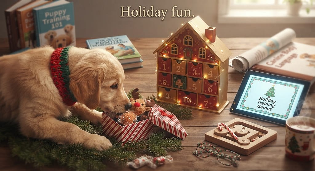Christmas games photo Dog finding gift, advent calendar. Text: "Holiday fun."
