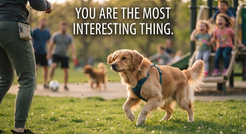 Engagement action photo Dog focused on owner, ignoring distractions. Text: "You are the most interesting thing."