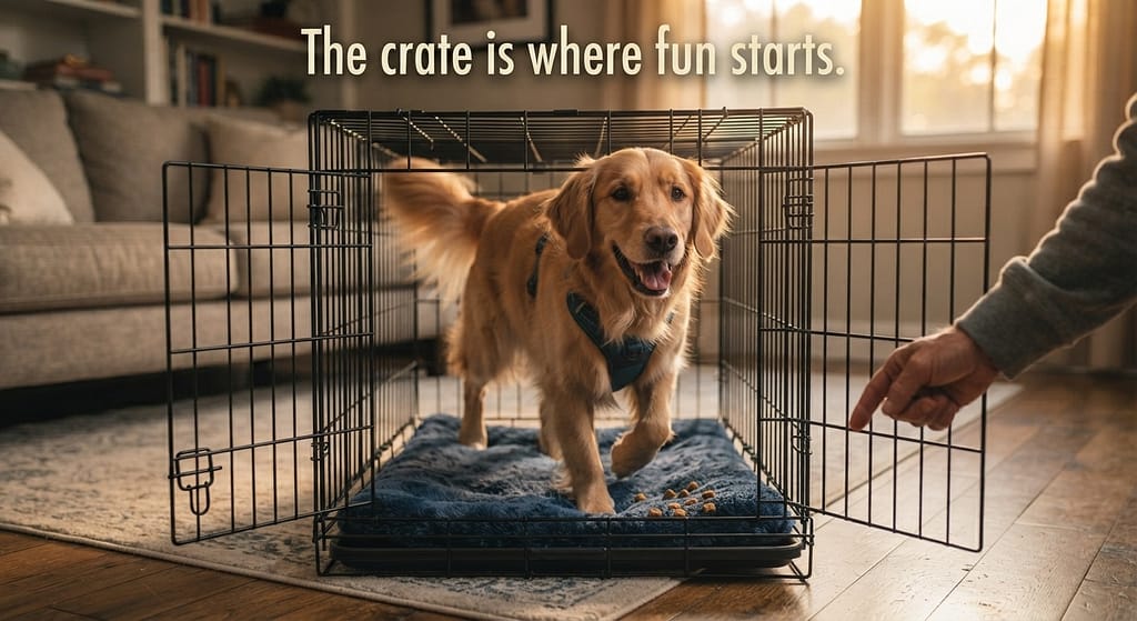 Crate games hero photo Dog happily entering crate, treats inside. Text: "The crate is where fun starts."