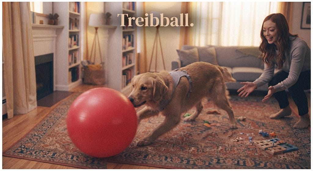Herding games photo Dog herding large ball. Text: "Treibball."