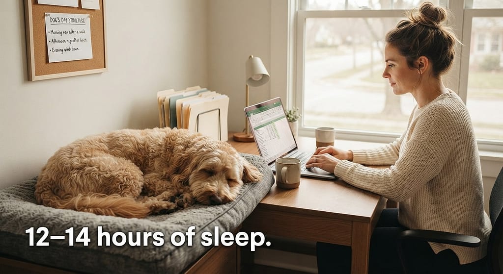 Sleeping dog at desk photo Dog napping near desk. Text: "12–14 hours of sleep."