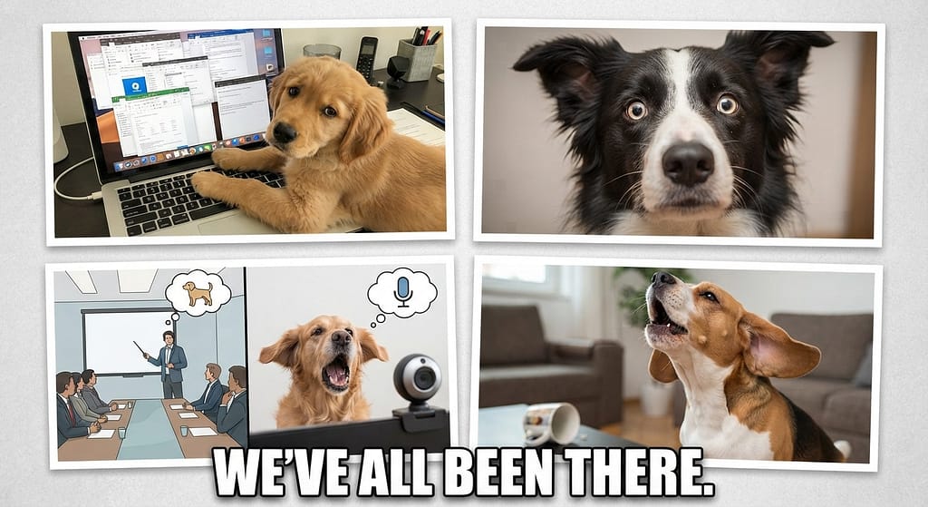 Meme collage Dog on keyboard, dog staring, dog barking during presentation. Text: "We've all been there."