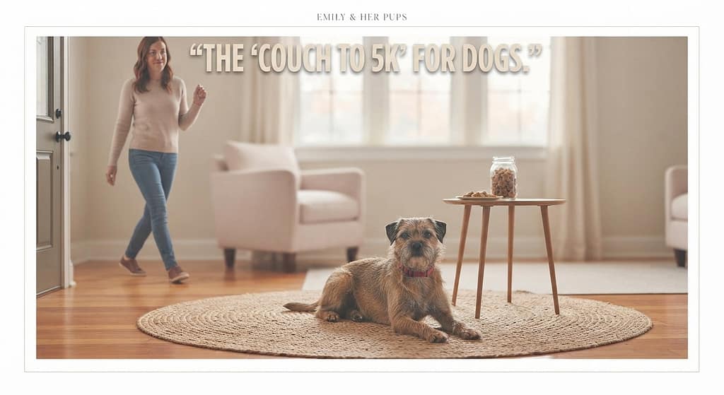 Alone time hero photo Dog on mat, owner stepping away, treats visible. Text: "The 'Couch to 5K' for dogs."