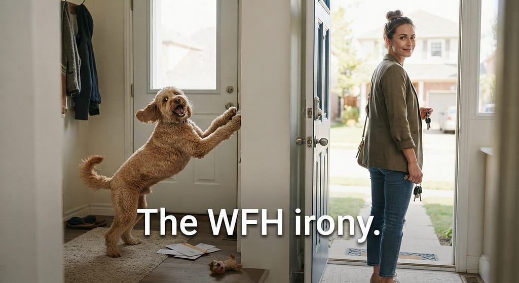 Separation anxiety hero photo Dog panicking as owner leaves, owner calm. Text: "The WFH irony."