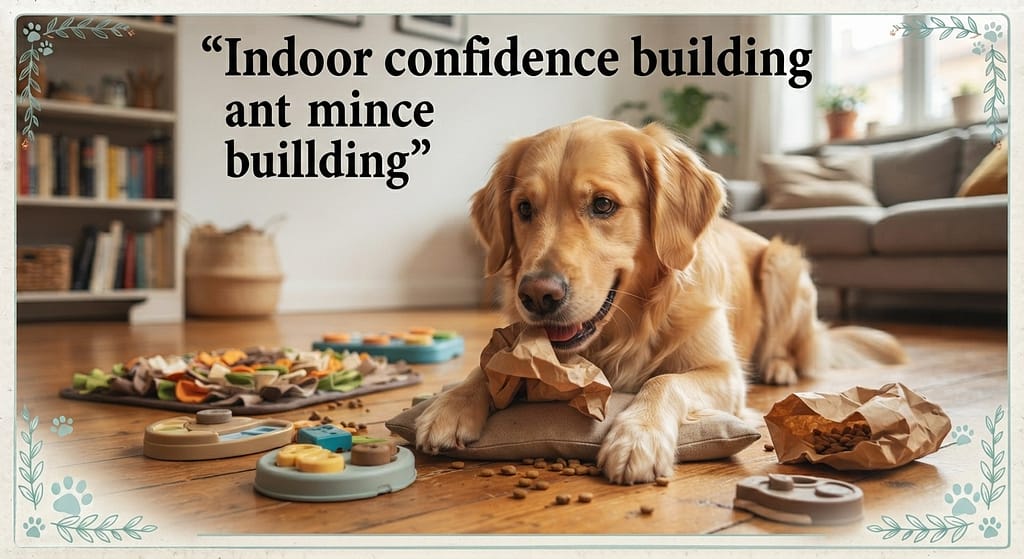 Indoor exercises hero photo Dog playing "Find It" in apartment, treats visible. Text: "Indoor confidence buildi