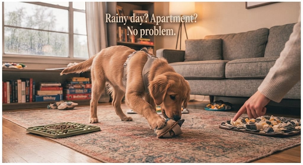 Indoor games hero photo Dog playing in living room, treats hidden. Text: "Rainy day? Apartment? No problem."