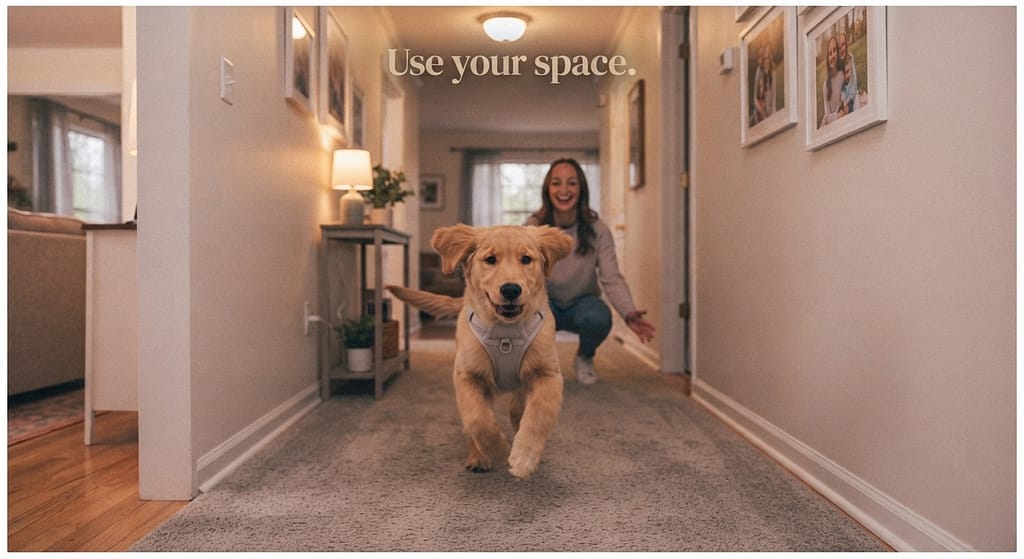 Hallway recall photo Dog recalled down hallway. Text: "Use your space."