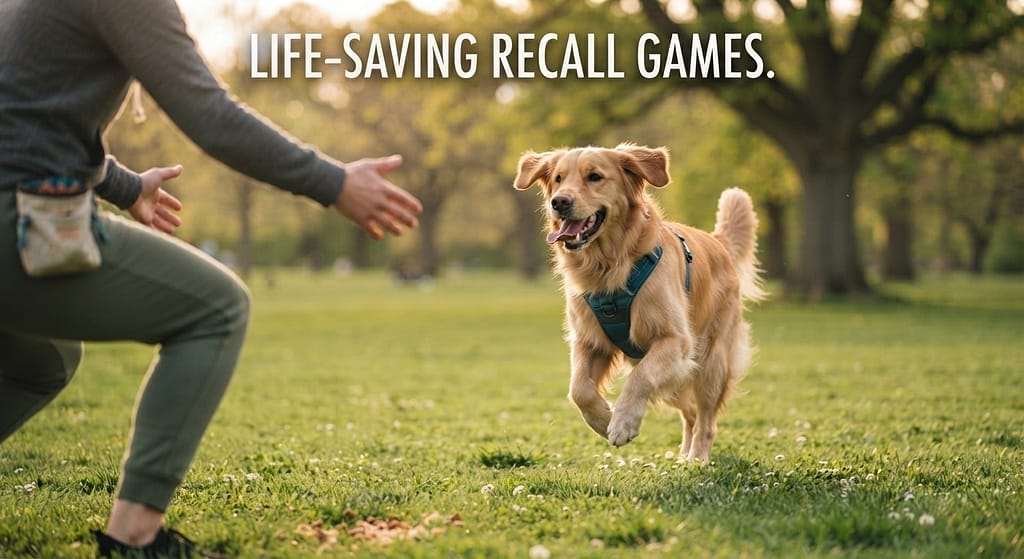 Recall hero photo Dog running happily toward owner. Text: "Life-saving recall games."