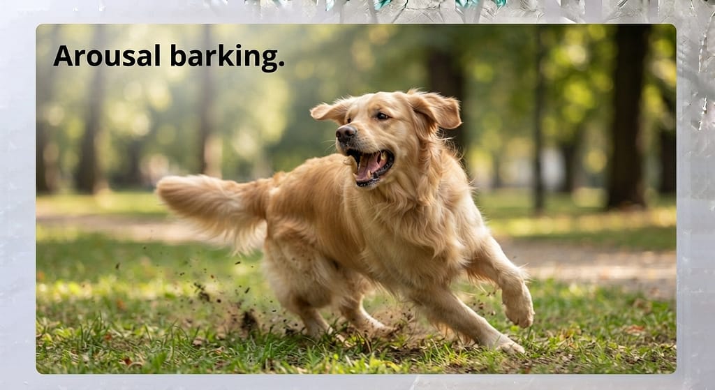Zoomies action photo Dog running in circles, barking. Text: "Arousal barking."
