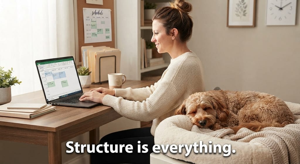 WFH schedule hero photo Dog sleeping while owner works at desk, schedule visible. Text: "Structure is everything."