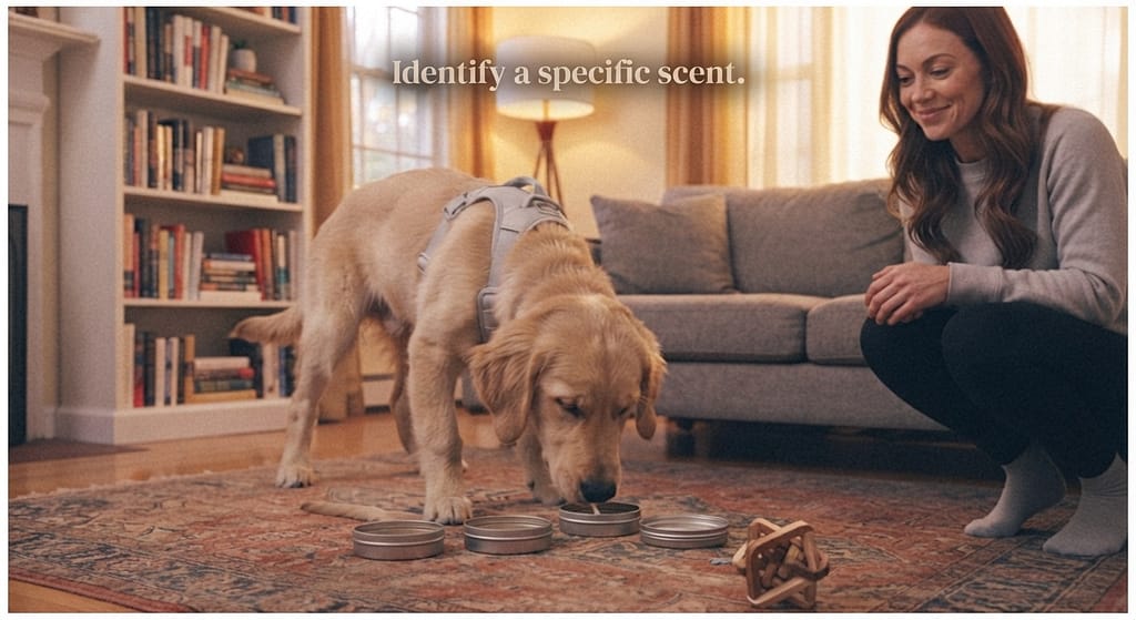 Scent discrimination photo Dog sniffing specific scent. Text: "Identify a specific scent."