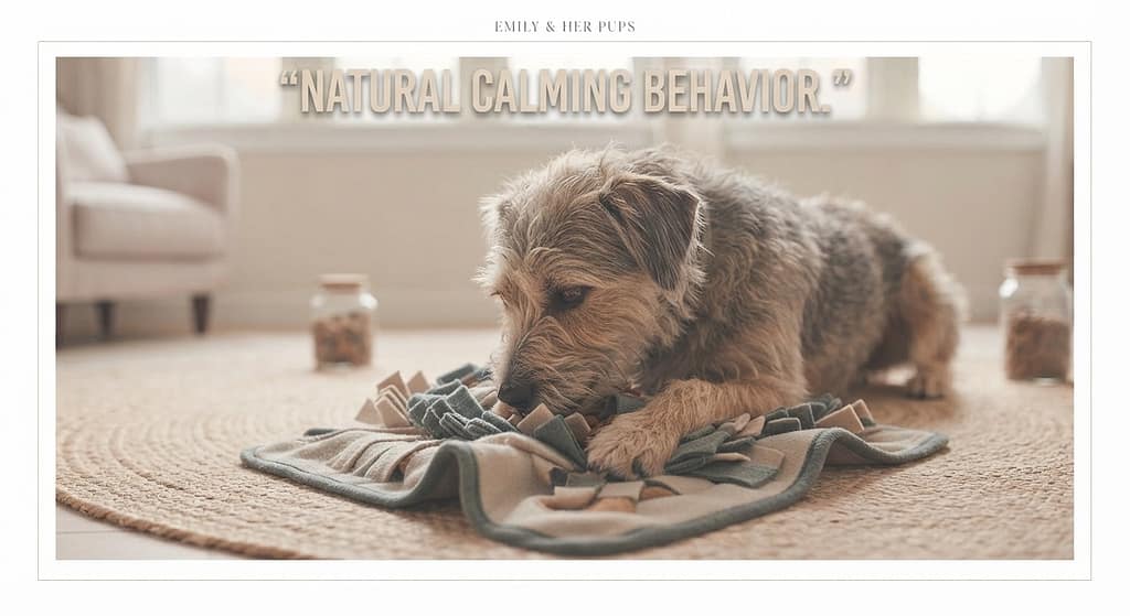 Dog sniffing towel photo Dog snuffling through towel, relaxed. Text: "Natural calming behavior."