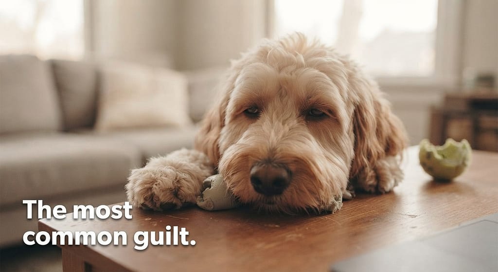 Bored dog photo Dog staring at owner, bored expression. Text: "The most common guilt."