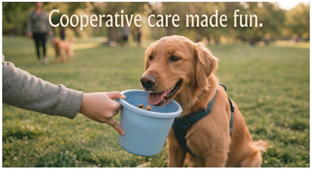 Bucket game photo Dog touching nose to bucket. Text: "Cooperative care made fun."
