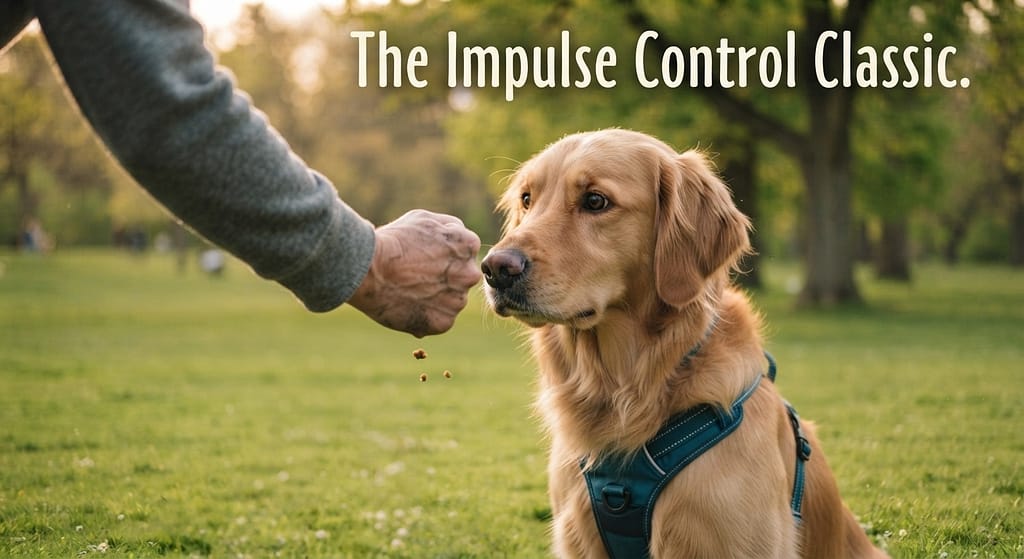 Game hero photo Dog waiting for treat in closed fist. Text: "The Impulse Control Classic."