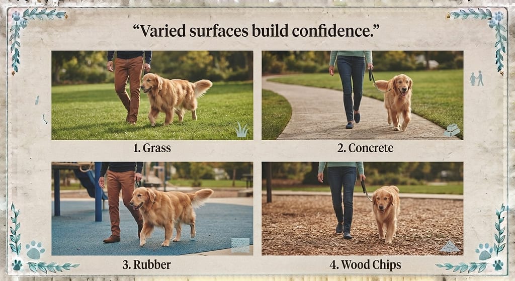 Varied surfaces photo Dog walking on grass, concrete, rubber, wood chips. Text: "Varied surfaces build confidence."