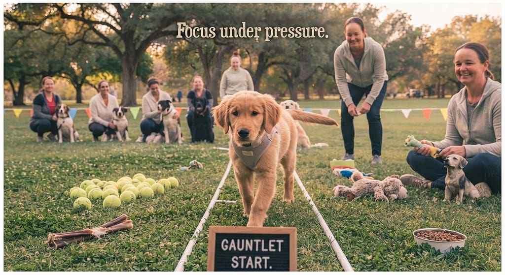 Distraction gauntlet photo Dog walking past distractions. Text: "Focus under pressure."
