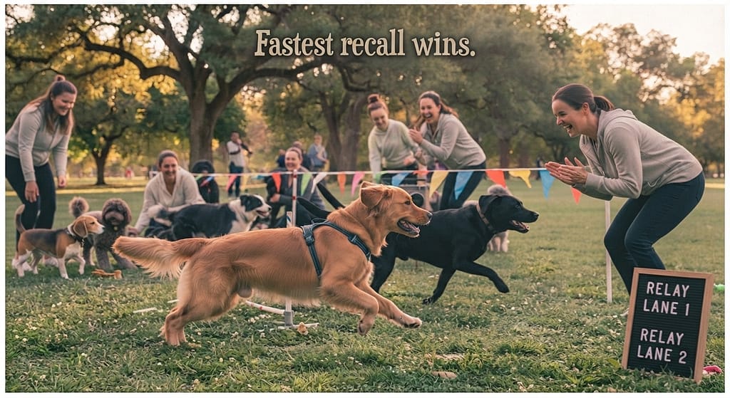 Recall relay photo Dogs running to owners. Text: "Fastest recall wins."