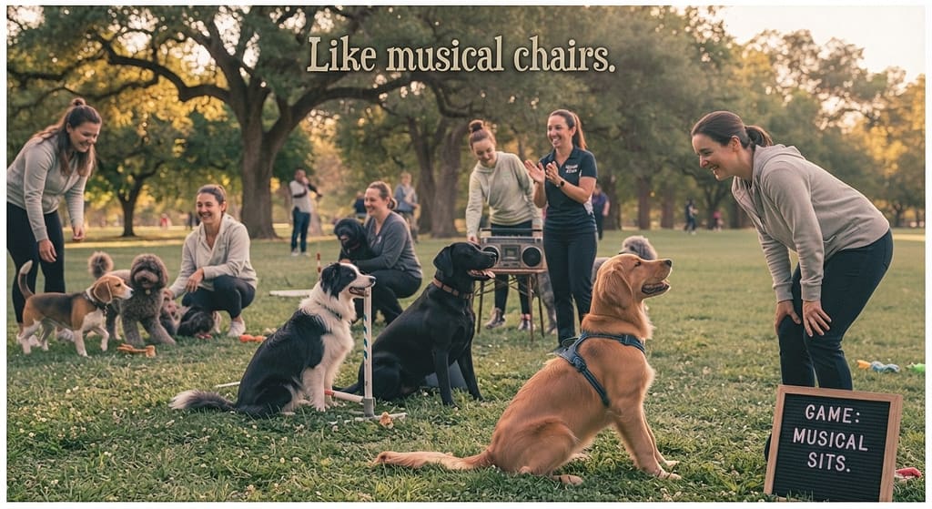 Musical sits photo Dogs sitting when music stops. Text: "Like musical chairs."