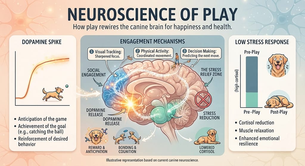 Brain chemistry graphic Dopamine release, engagement, low stress. Text: "Neuroscience of play."