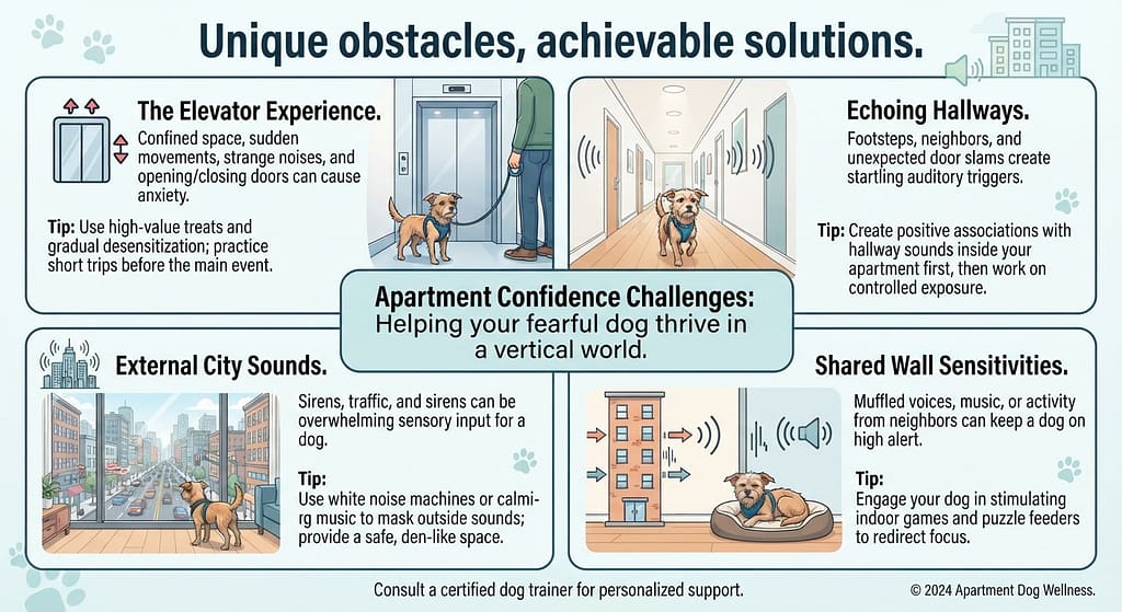 Apartment confidence challenges infographic Elevator, hallway, city sounds, shared walls. Text: "Unique obstacles, achievable solutions."