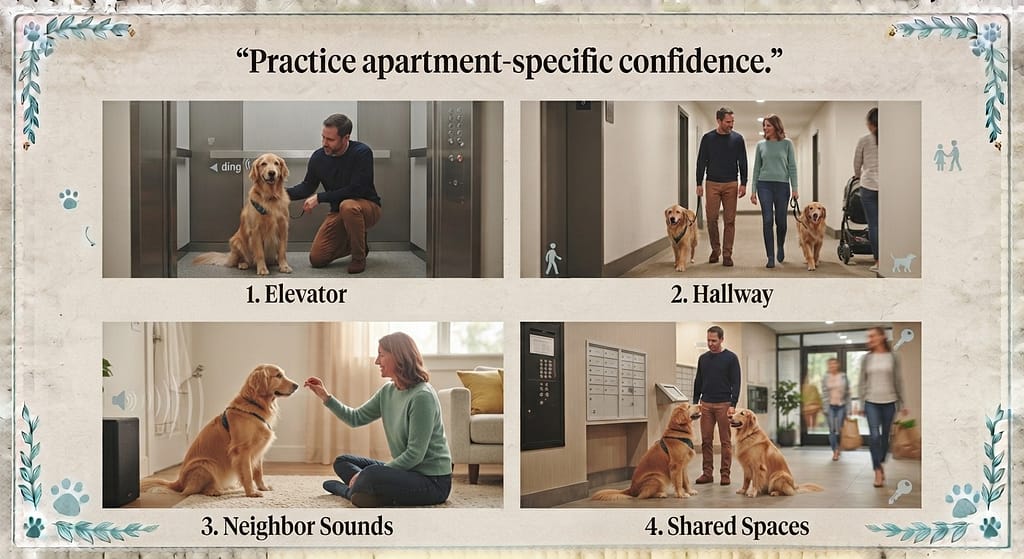 Apartment desensitization collage Elevator, hallway, neighbor sounds, shared spaces. Text: "Practice apartment-specific confidence."