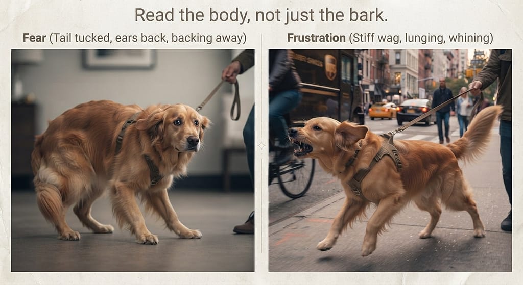 Body language comparison Fear: tail tucked, ears back, backing away. Frustration: stiff wag, lunging, whining. Text: "Read the body, not just the bark."