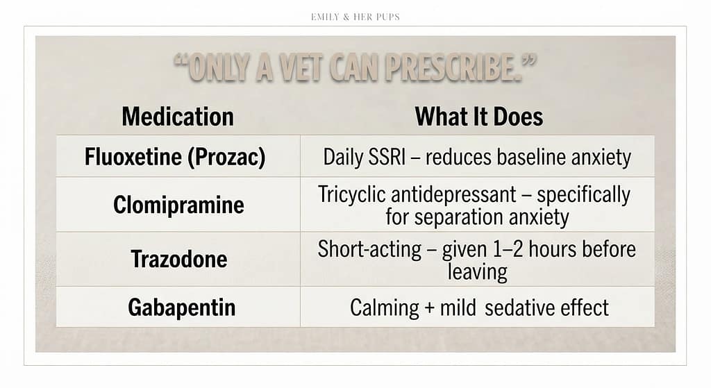 Medication table graphic Fluoxetine (Prozac), Clomipramine, Trazodone, Gabapentin with descriptions. Text: "Only a vet can prescribe."