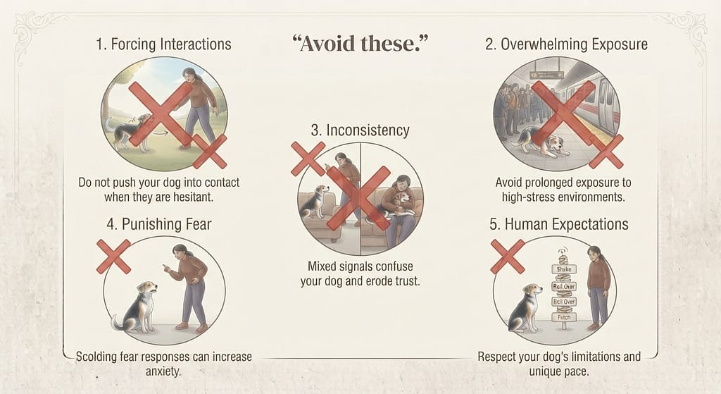 Warning signs graphic Shuts down / Avoidance increases / Stress signals / Progress plateaus / Avoids you. Text: "Back off and reset."