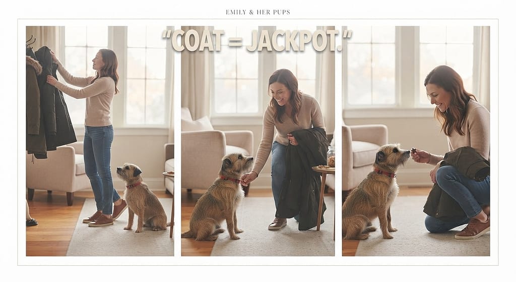 Coat + treat sequence Grabbing coat, dog calm, treat. Text: "Coat = jackpot."