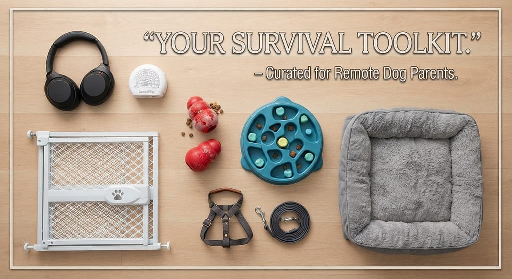 Survival toolkit flat lay Headphones, white noise, frozen Kongs, puzzle toys, dog bed, baby gates, walker. Text: "Your survival toolkit."