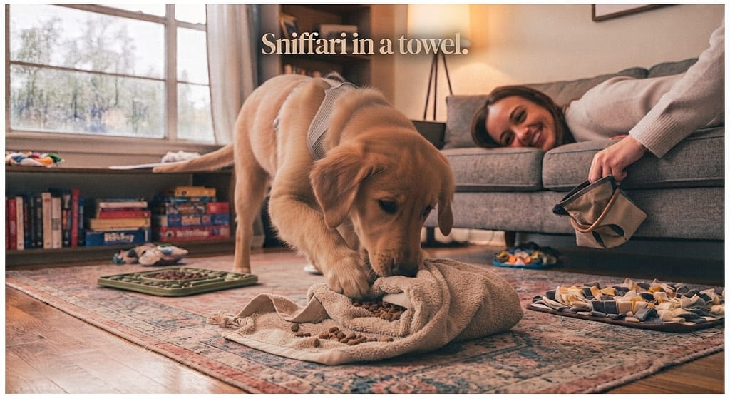 Towel roll-up photo Kibble in rolled towel. Text: "Sniffari in a towel."