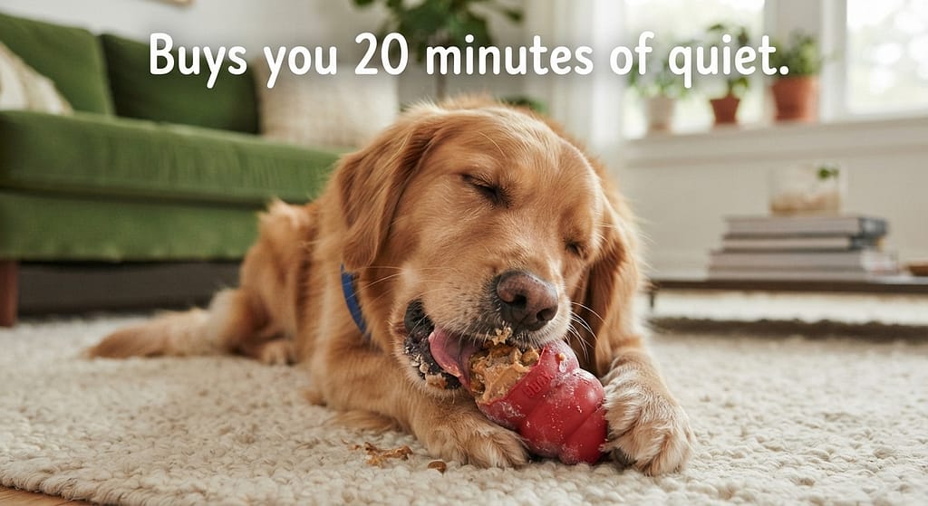 Frozen Kong photo Kong stuffed with food, dog enjoying. Text: "Buys you 20 minutes of quiet."