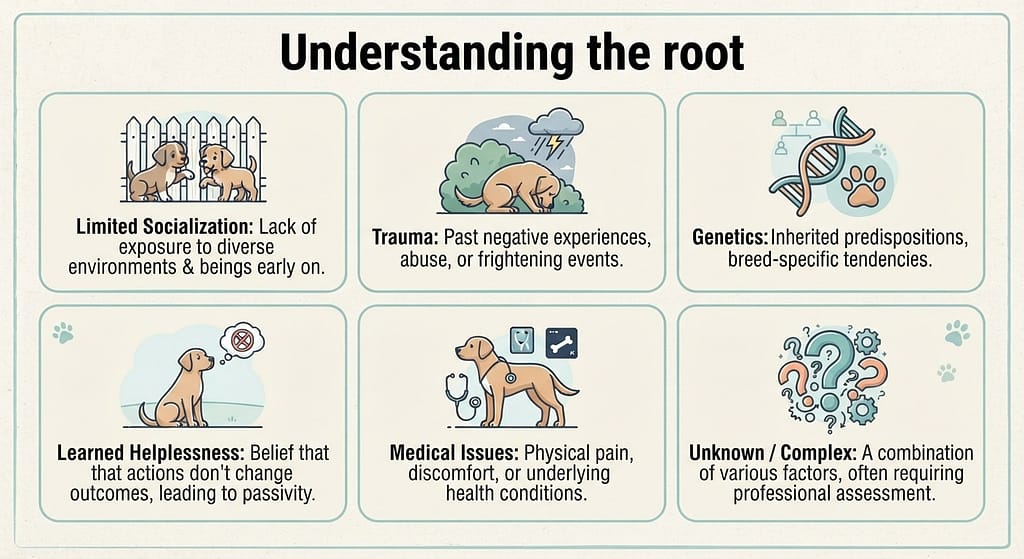 Causes icon grid Limited socialization / Trauma / Genetics / Learned helplessness / Medical issues. Text: "Understanding the root."