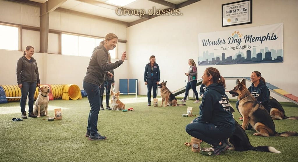 Wonder Dog photo Memphis facility. Text: "Group classes."