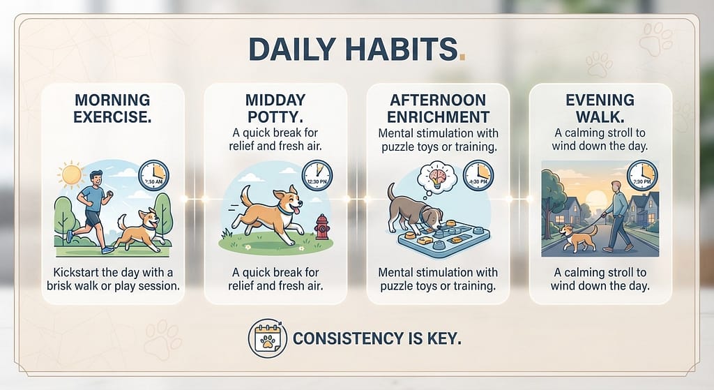 Habits graphic Morning exercise, midday potty, afternoon enrichment, evening walk, consistency. Text: "Daily habits."