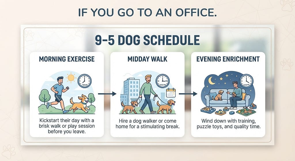 9-5 dog graphic Morning exercise, midday walker, evening enrichment. Text: "If you go to an office."