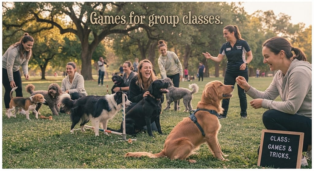 Group class hero photo Multiple dogs and owners in class, having fun. Text: "Games for group classes."