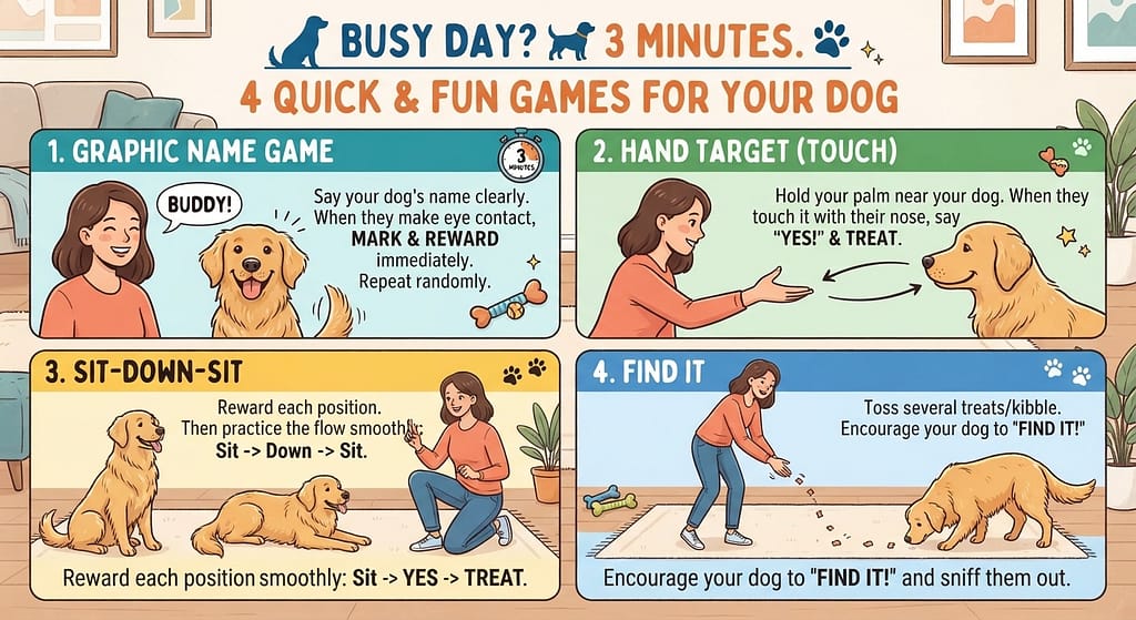 3-minute games graphic Name Game, Hand Target, Sit-Down-Sit, Find It. Text: "Busy day? 3 minutes."