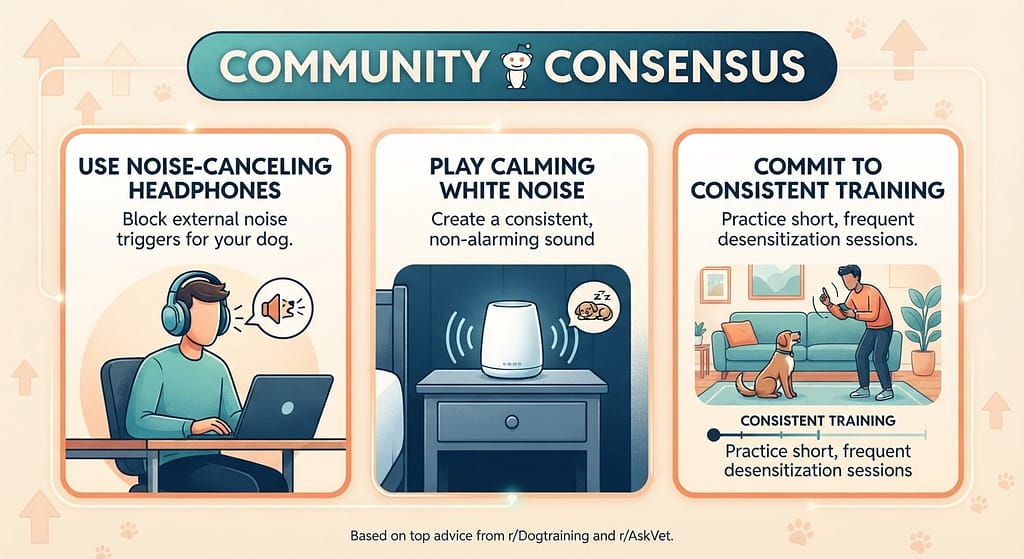 Reddit advice graphic Noise-canceling headphones, white noise, consistent training. Text: "Community consensus."