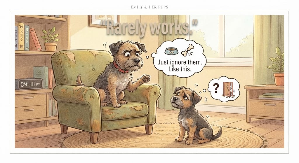 Two anxious dogs graphic One anxious dog teaching another. Text: "Rarely works."