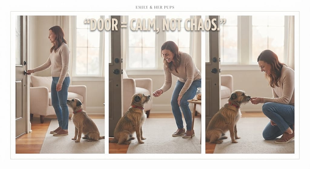 Door open sequence Opening door one inch, dog calm. Text: "Door = calm, not chaos."