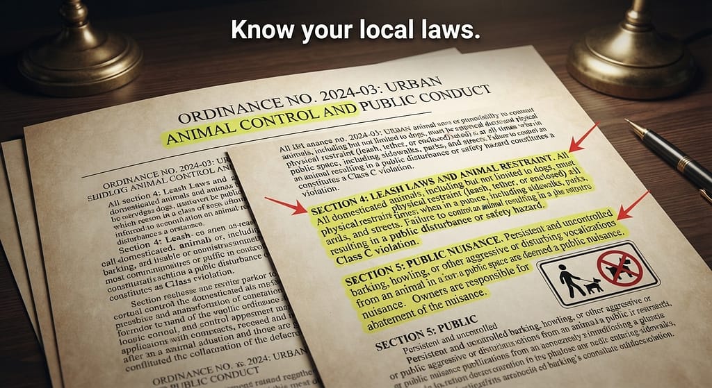Legal document graphic Ordinance document with highlighted sections. Text: "Know your local laws."