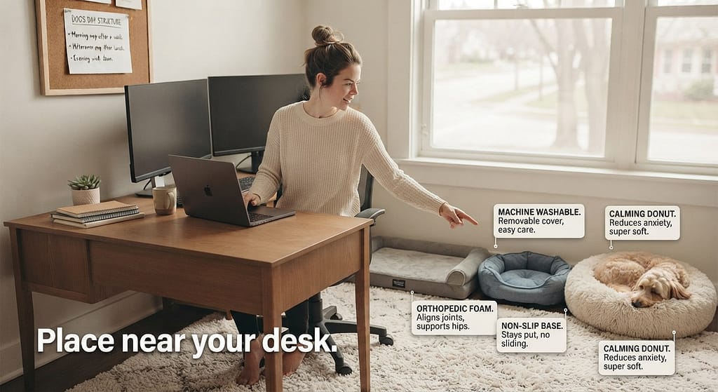 Dog bed options photo Orthopedic, washable, non-slip, calming donut. Text: "Place near your desk."