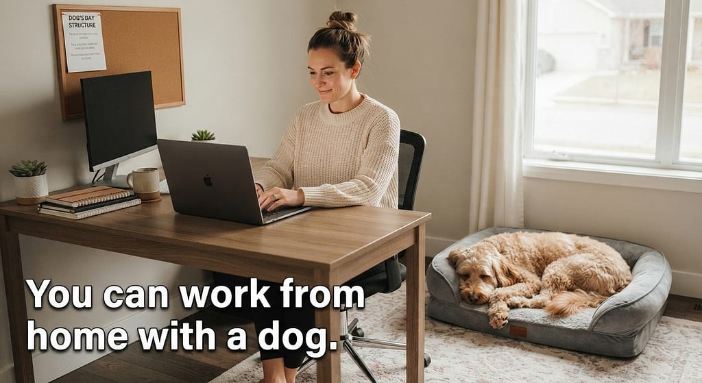 "After" hero photo Owner and dog peacefully coexisting, dog sleeping, owner working. Text: "You can work from home with a dog."