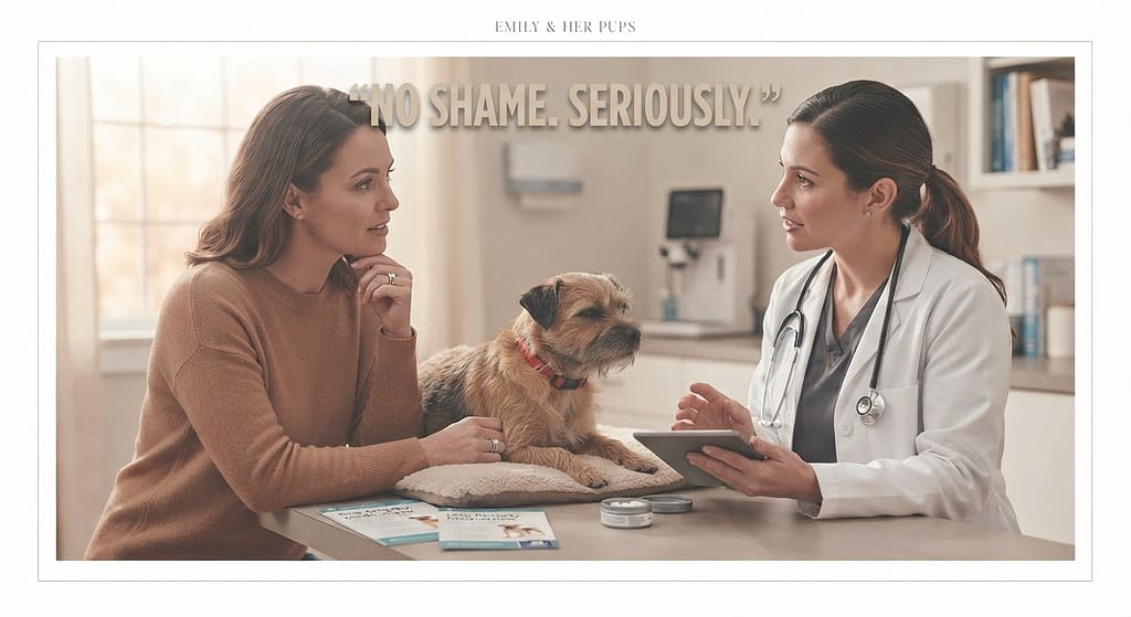 Medication decision hero photo Owner and vet discussing options, dog calm. Text: "No shame. Seriously."