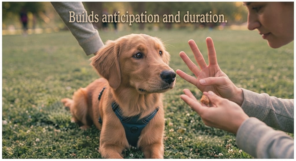 Counting game photo Owner counting on fingers, dog waiting. Text: "Builds anticipation and duration."