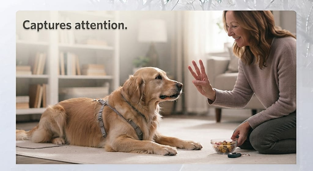 1-2-3 Game photo Owner counting on fingers, dog waiting. Text: "Captures attention."